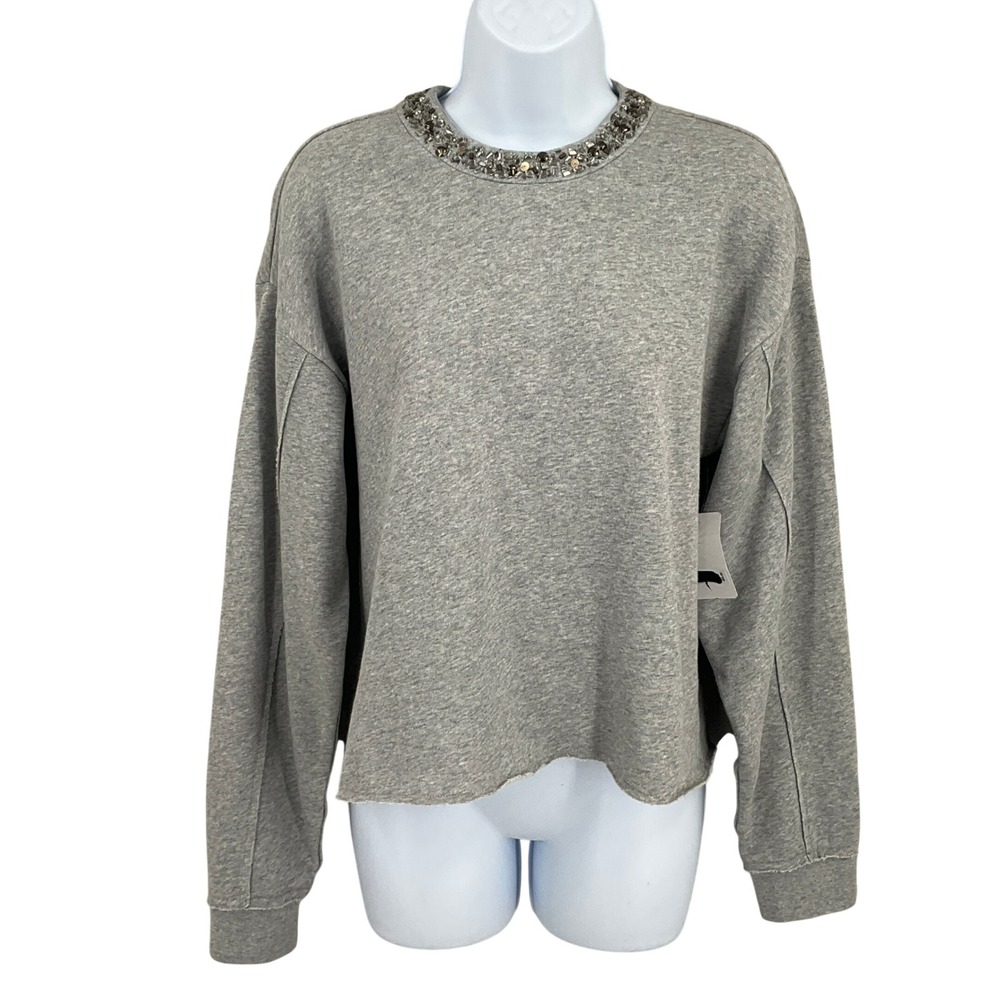 Lucky Brand Sweatshirt Womens XS Gray Cotton‎ Jeweled Embellished Boho Crop